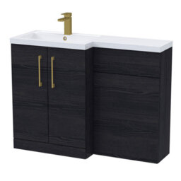 Balterley Left-Hand Bathroom Vanity And Wc Unit Combination With Basin - 1100mm - Woodgrain Black With Brushed Brass Handles - thumbnail 1