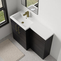 Balterley Left-Hand Bathroom Vanity And Wc Unit Combination With Basin - 1100mm - Woodgrain Black With Brushed Brass Handles - thumbnail 3