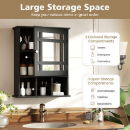 Costway Wall-Mounted Bathroom Cabinet Storage Organizer W/mirror Doors-Black - thumbnail 4