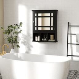 Costway Wall-Mounted Bathroom Cabinet Storage Organizer W/mirror Doors-Black - thumbnail 5