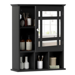 Costway Wall-Mounted Bathroom Cabinet Storage Organizer W/mirror Doors-Black - thumbnail 1