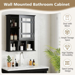 Costway Wall-Mounted Bathroom Cabinet Storage Organizer W/mirror Doors-Black - thumbnail 8