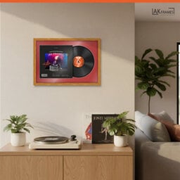 "AK Frames 25X17"" Oak Classic Vinyl Record Frame With Crimson Mount For 12 Inch Lp Cover & Disc - Overlapped Design" - thumbnail 5