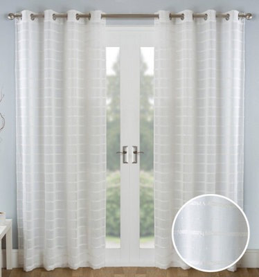 Tyrone Textiles Pair Of Antigua Natural Chenille Striped Single Voile Panels With Eyelet Header 137Cms - image 1