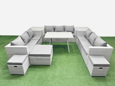Fimous 12 Seat Outdoor Patio Pe Rattan Garden Furniture With Cushions 3 Seater Sofa 2 Side Tables 3 Stool Light Grey - image 1