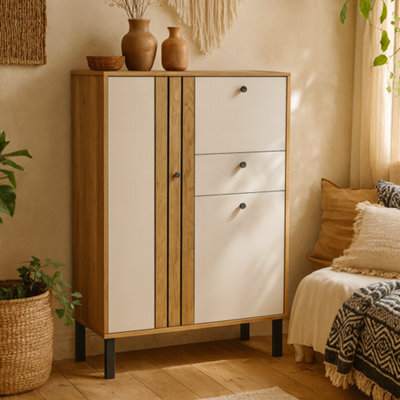 Wyld Haus Pebblethorn Cream And Natural Oak 3-Door 1-Drawer Storage Cabinet - image 1