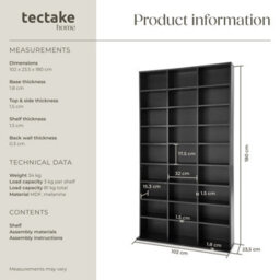 Tectake Cd Shelf Unit Christel - 27 Compartments For Up To 1080 Cds  - Black - thumbnail 6