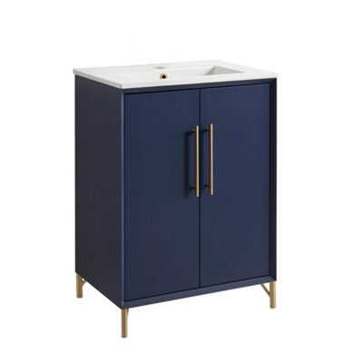 Homestylestore Navy Blue 610mm Bathroom Vanity Unit With Basin And Brushed Brass T Bar Handle - image 1