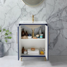Homestylestore Navy Blue 610mm Bathroom Vanity Unit With Basin And Brushed Brass T Bar Handle - thumbnail 2