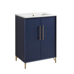 Homestylestore Navy Blue 610mm Bathroom Vanity Unit With Basin And Brushed Brass T Bar Handle - thumbnail 1