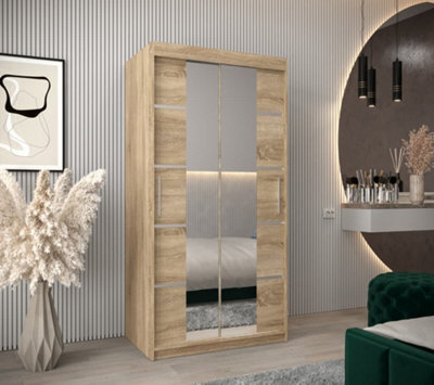 Arte Verona 04 Contemporary 2 Mirrored Sliding Door Wardrobe 5 Shelves 2 Rails Oak Sonoma Effect (H)2000mm (W)1000mm (D)620mm - image 1