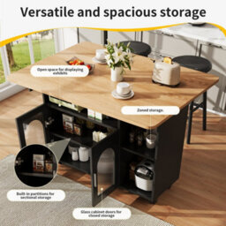 Btm Kitchen Island With Storage, Mobile Serving Trolley, Buffet Cabinet & Dining Table, Wood Grain Finish, Black - thumbnail 7