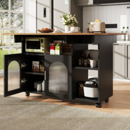 Btm Kitchen Island With Storage, Mobile Serving Trolley, Buffet Cabinet & Dining Table, Wood Grain Finish, Black - thumbnail 2