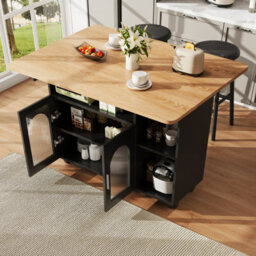 Btm Kitchen Island With Storage, Mobile Serving Trolley, Buffet Cabinet & Dining Table, Wood Grain Finish, Black