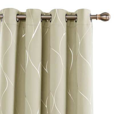 Deconovo Eyelet Blackout Curtains, Silver Wave Line Foil Printed Thermal Curtains For Boys Bedroom, 52 X 54 Inch, Beige, 1 Pair - image 1
