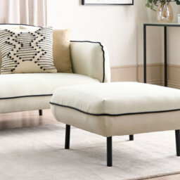 Wyld And Coco Casaluxe Ottoman Footstool, Light Beige Fabric, Black Edging, Eucalyptus Legs - 68 X 68 X 42 Cm - thumbnail 2