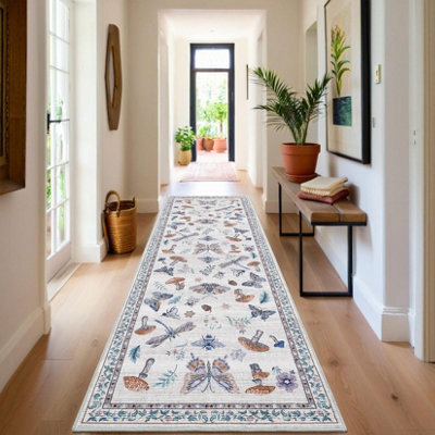 London Boutique 60X180Cm Mushroom Butterfly Runner Rug, Washable Non-Slip Low Pile Carpet For Nursery, Bedroom, Living Room, Beige - image 1