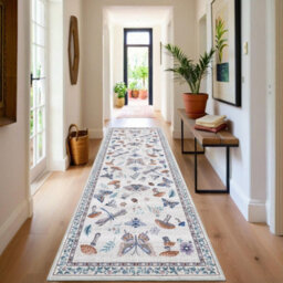 London Boutique 60X180Cm Mushroom Butterfly Runner Rug, Washable Non-Slip Low Pile Carpet For Nursery, Bedroom, Living Room, Beige