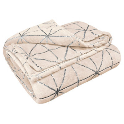 Velosso Luxurious Soft Plush Flannel Throw Blanket With Elegant Geometric Foil Pattern, Ideal For Sofa And Bed, 145Cm X 200Cm - Cream