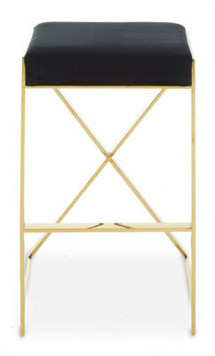 Premier Housewares Interiors By Premier Black Velvet Bar Stool, Gold Finish Frame Bar Chair With Footrest, Modern Design Home Stool For Living Area - image 1