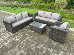 Fimous 7 Seater Rattan Garden Furniture Set Indoor Outdoor Patio Sofa Set With Oblong Coffee Table Armchair Dark Grey Mixed - thumbnail 1
