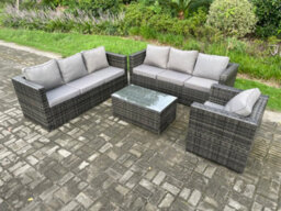 Fimous 7 Seater Rattan Garden Furniture Set Indoor Outdoor Patio Sofa Set With Oblong Coffee Table Armchair Dark Grey Mixed - thumbnail 2