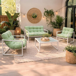 Neo 4 Pc Outdoor Metal Patio Furniture Set With Cushions Glass Coffee Table - thumbnail 1