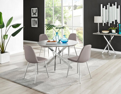 Furniturebox Uk Novara Grey Concrete Effect 120Cm Round Dining Table & 4 Cappuccino Corona Silver Chairs - image 1