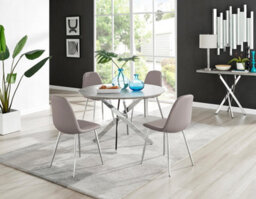 Furniturebox Uk Novara Grey Concrete Effect 120Cm Round Dining Table & 4 Cappuccino Corona Silver Chairs