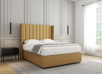 REGIONAL FURNISHINGS Mustard Plush Velvet Divan Bed Set With 54Inch Headboard & Mattress No Drawers In Single 4Ft Double King Superking Sizes - image 1
