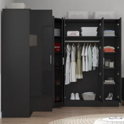 Reflect 3Pc Wardrobe Bundle - 2 Door Corner + 3 Door Mirror + 2 Door Plain - Black Gloss & Black Oak - H: 180Cm X W: 291Cm - thumbnail 4