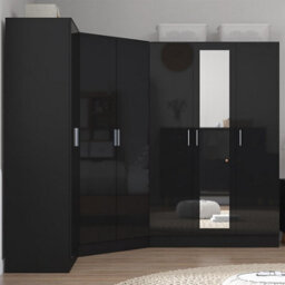 Reflect 3Pc Wardrobe Bundle - 2 Door Corner + 3 Door Mirror + 2 Door Plain - Black Gloss & Black Oak - H: 180Cm X W: 291Cm - thumbnail 3