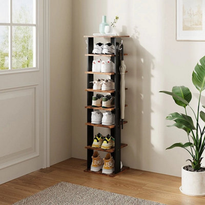 Retro 8 Tiers Vertical Wooden Shoe Rack With Hooks, Narrow Space Saving For Entryway - image 1