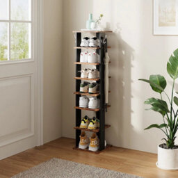 Retro 8 Tiers Vertical Wooden Shoe Rack With Hooks, Narrow Space Saving For Entryway - thumbnail 1