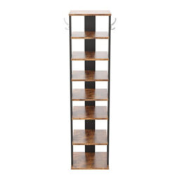Retro 8 Tiers Vertical Wooden Shoe Rack With Hooks, Narrow Space Saving For Entryway - thumbnail 3