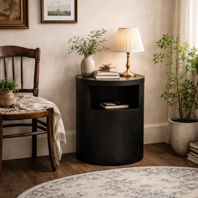Wyld Haus Yori Round Black Bedside Cabinet With 1 Door And Open Shelf - image 1