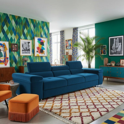 Torezio 3 Seater Sofa For Living Room With Adjustable Headrests Chipboard Frame Metal Legs 263X102X70Cm Blue - image 1