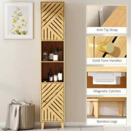 Wyld Haus Hami Tall Slim Bathroom Cabinet With Bamboo Doors And Adjustable Shelves, Natural Wood Finish, L32 X D30 X H170Cm - thumbnail 7