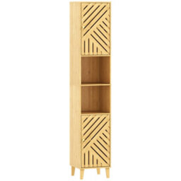 Wyld Haus Hami Tall Slim Bathroom Cabinet With Bamboo Doors And Adjustable Shelves, Natural Wood Finish, L32 X D30 X H170Cm - thumbnail 1