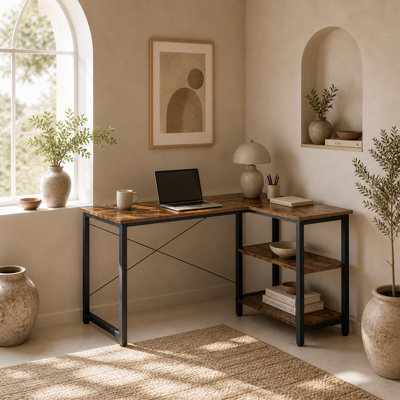 Wyld Haus Morofi 120Cm Rustic Brown L-Shaped Desk With Integrated Bookshelf - Compact Corner Workstation