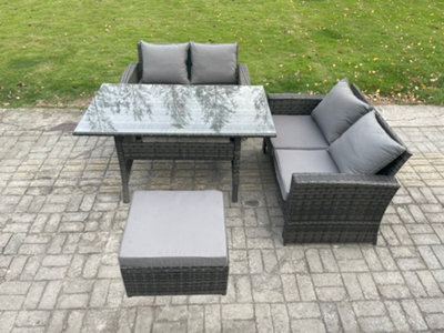 Fimous Dark Grey Pe Wicker Rattan Garden Furniture Set Love Sofa Outdoor Rectangular Dining Table Big Footstool - image 1
