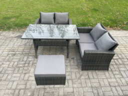 Fimous Dark Grey Pe Wicker Rattan Garden Furniture Set Love Sofa Outdoor Rectangular Dining Table Big Footstool - thumbnail 1