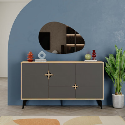 Decortie Spark Console Sideboard Display Unit 3 Cabinets Shelves Drawer Oak Anthracite Grey 140X35X80Cm - image 1