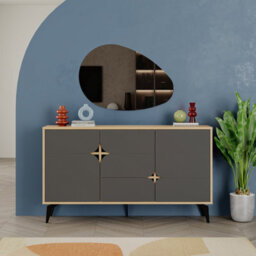 Decortie Spark Console Sideboard Display Unit 3 Cabinets Shelves Drawer Oak Anthracite Grey 140X35X80Cm - thumbnail 1