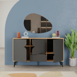 Decortie Spark Console Sideboard Display Unit 3 Cabinets Shelves Drawer Oak Anthracite Grey 140X35X80Cm - thumbnail 4