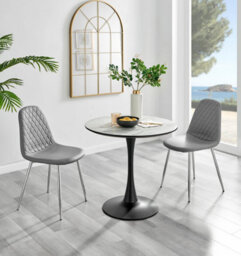 Furniturebox Elina White Marble Effect Round Pedestal Dining Table With Curved Black Support And 2 Grey Faux Leather Corona Silver Leg Chairs