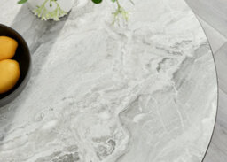 Furniturebox Elina White Marble Effect Round Pedestal Dining Table With Curved Black Support And 2 Grey Faux Leather Corona Silver Leg Chairs - thumbnail 8