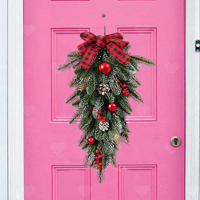 Amorly Artificial Christmas Teardrop Swag With Buffalo Plaid Bow, Faux Greenery Hanging Ornament For Front Door, Staircase Xmas Decor - image 1