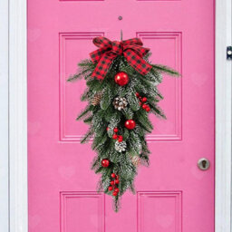 Amorly Artificial Christmas Teardrop Swag With Buffalo Plaid Bow, Faux Greenery Hanging Ornament For Front Door, Staircase Xmas Decor - thumbnail 1