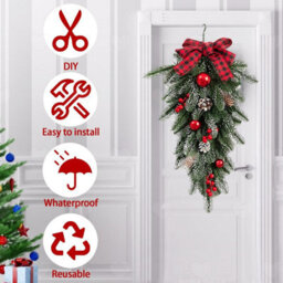 Amorly Artificial Christmas Teardrop Swag With Buffalo Plaid Bow, Faux Greenery Hanging Ornament For Front Door, Staircase Xmas Decor - thumbnail 5